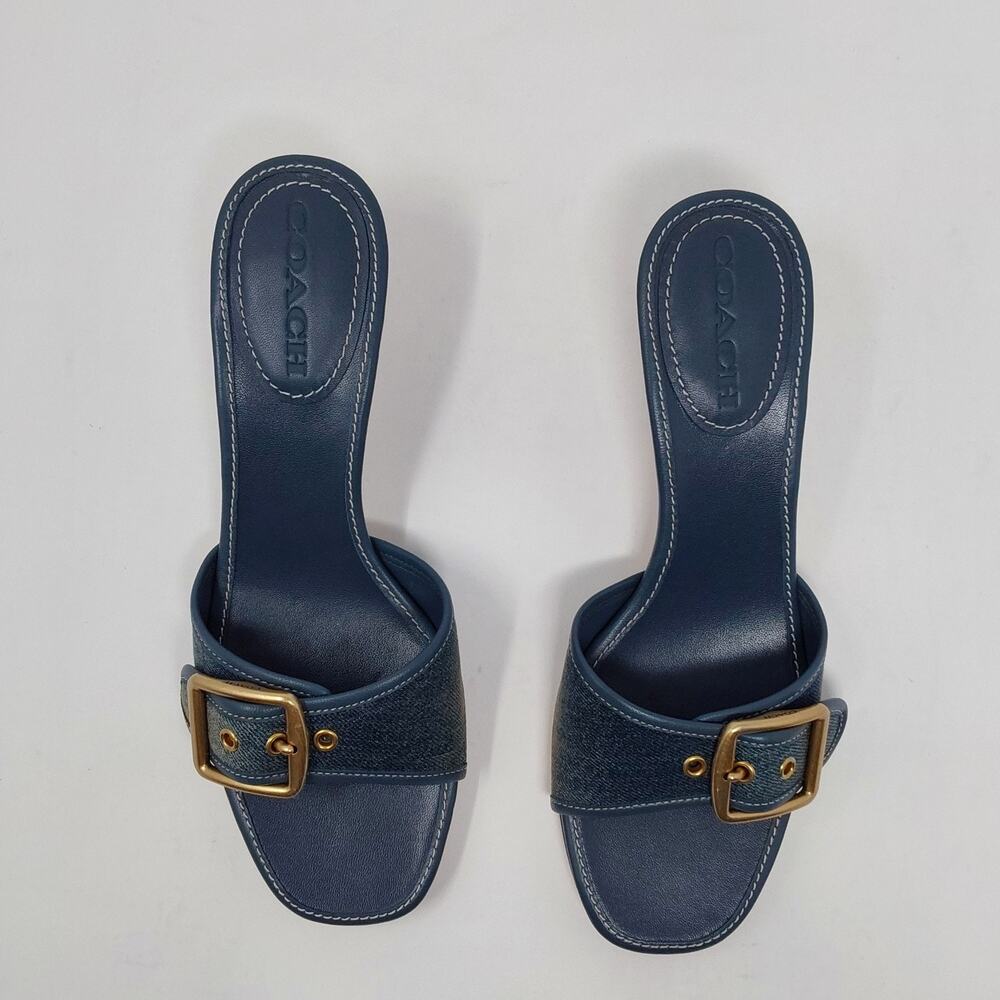 Coach Margot Dark Indigo Denim Buckle Heels Sandals Womens Size 8 - Picture 3 of 16